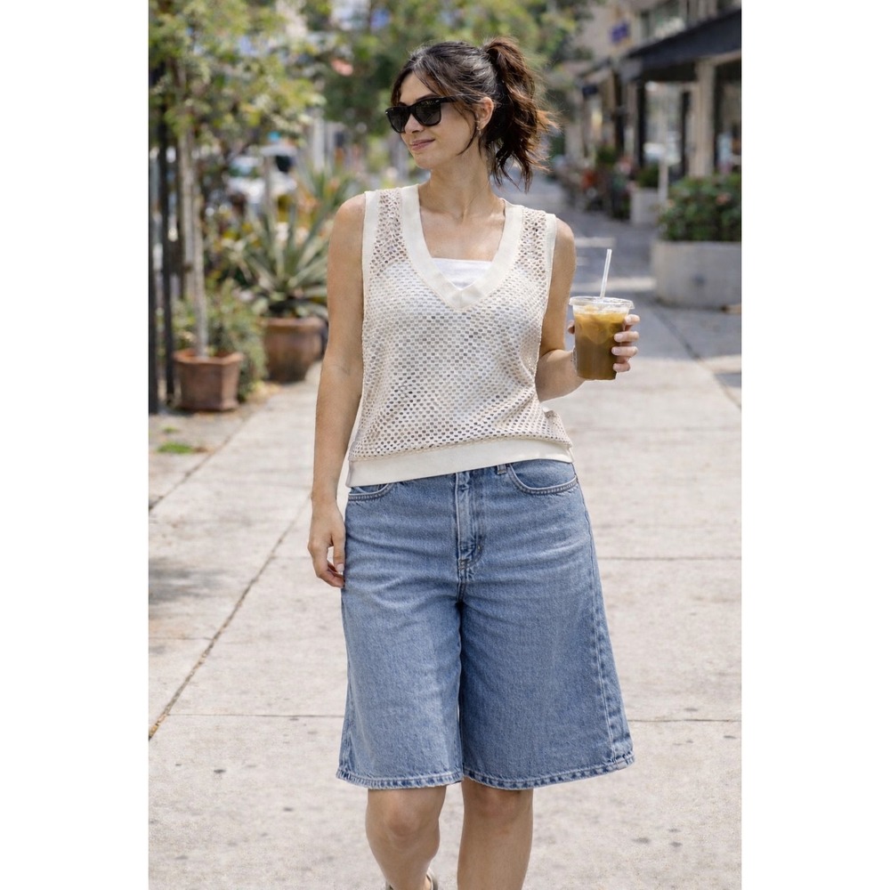 ROUGH Los Angeles White Mesh V Neck Sleeveless Crop Top Sweater Vest XL